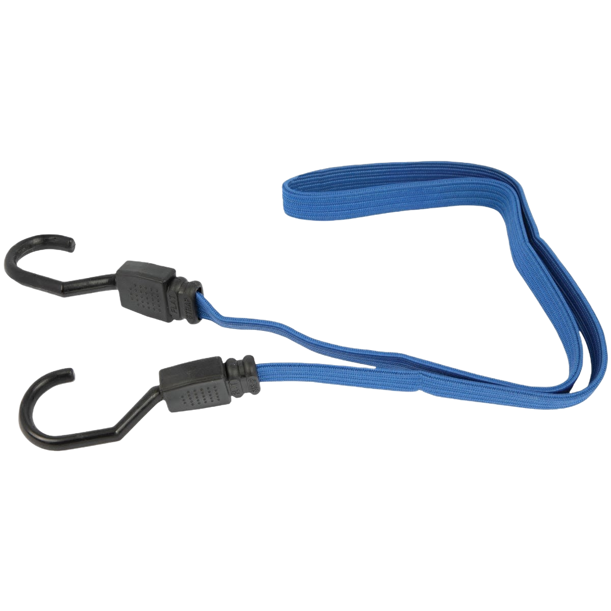 Blue flat bungee cord with black plastic hooks at both ends for securing items in home improvement tasks