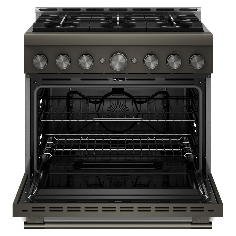 Front view of open gas range with six burners and bronze control knobs in kitchenware and appliances collection