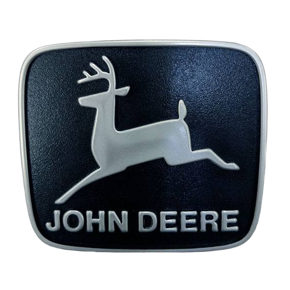 Silver leaping deer logo on black background John Deere M76640 Medallion for John Deere parts and accessories collections