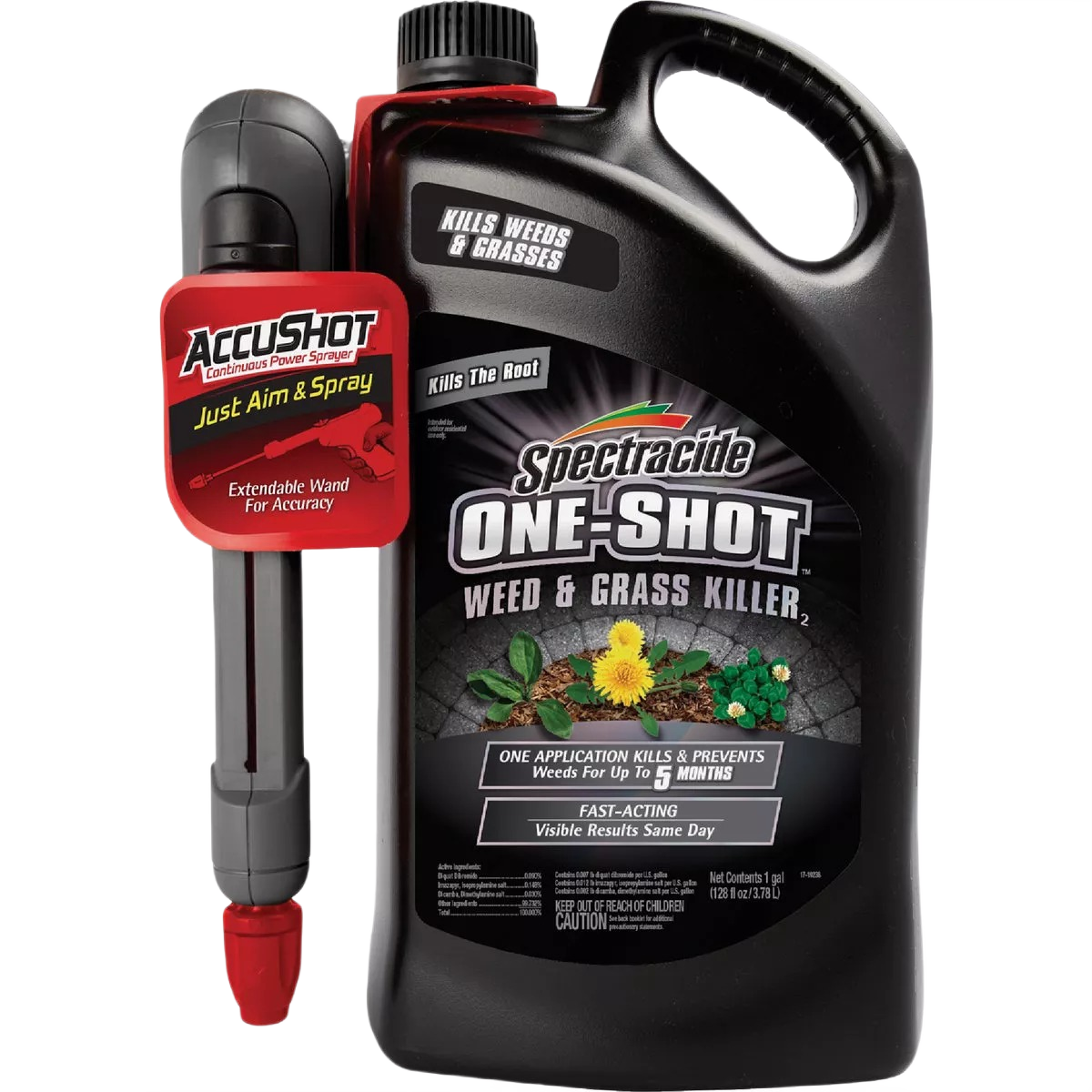 Black and red 1-gallon weed and grass killer container with attached sprayer, suitable for lawn care tools under $50