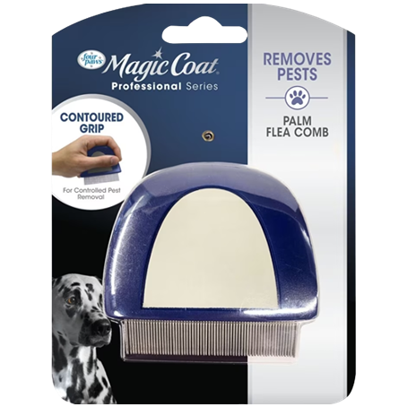 Palm flea comb with contoured grip and fine metal teeth designed for effective pest removal on pets