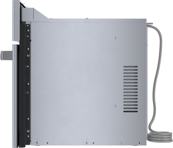 Side view of stainless steel built-in microwave oven showing ventilation and power cord for kitchen appliances collection