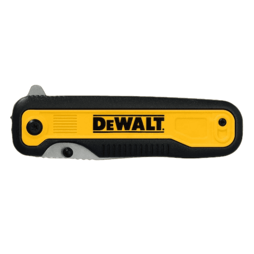Compact DEWALT folding pocket knife with stainless steel tanto blade and yellow black handle for woodworking tools