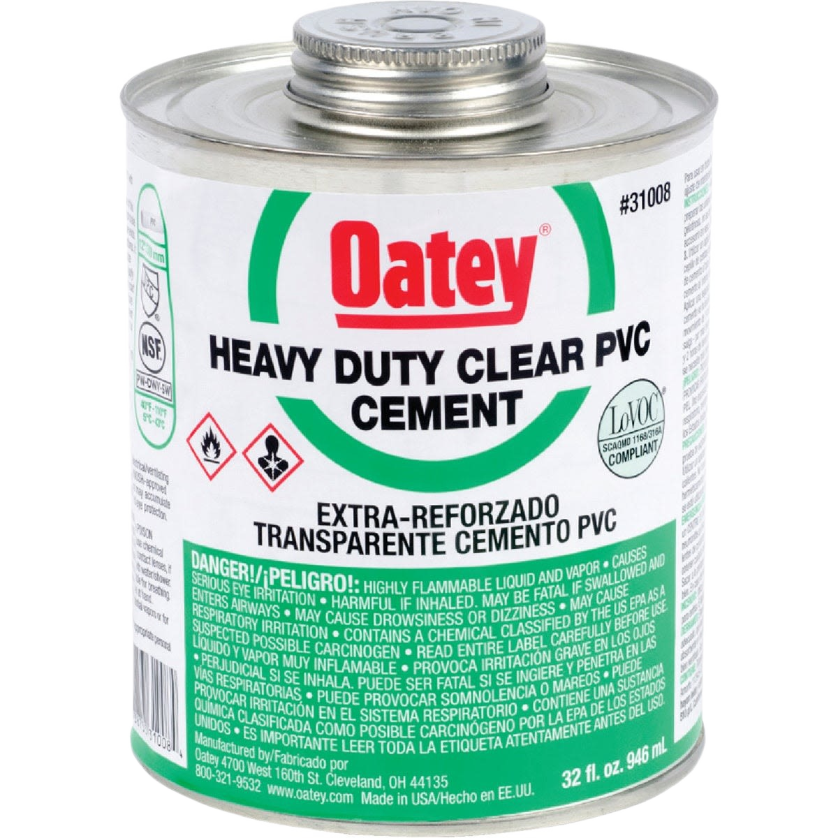 Metal can of clear PVC cement with safety warnings and child-resistant silver screw cap for home improvement use