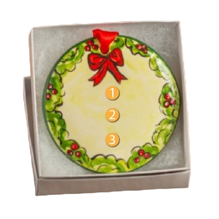 Hand-painted ceramic wreath ornament with red bow and holly accents for Christmas Ornaments & Tree Decorations under $50 collection