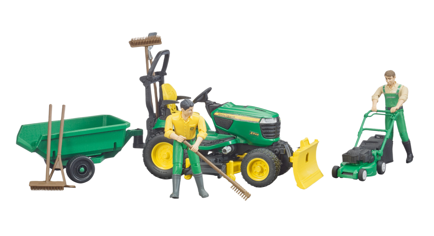 Green and yellow John Deere lawn tractor toy with trailer, two operator figures, and lawn care accessories for outdoor play collections