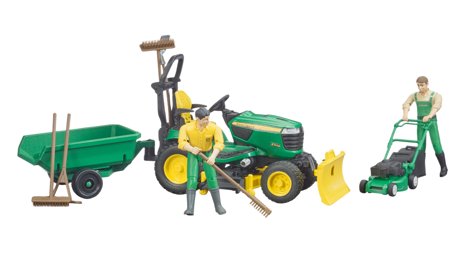 Green and yellow John Deere lawn tractor toy with trailer, two operator figures, and lawn care accessories for outdoor play collections