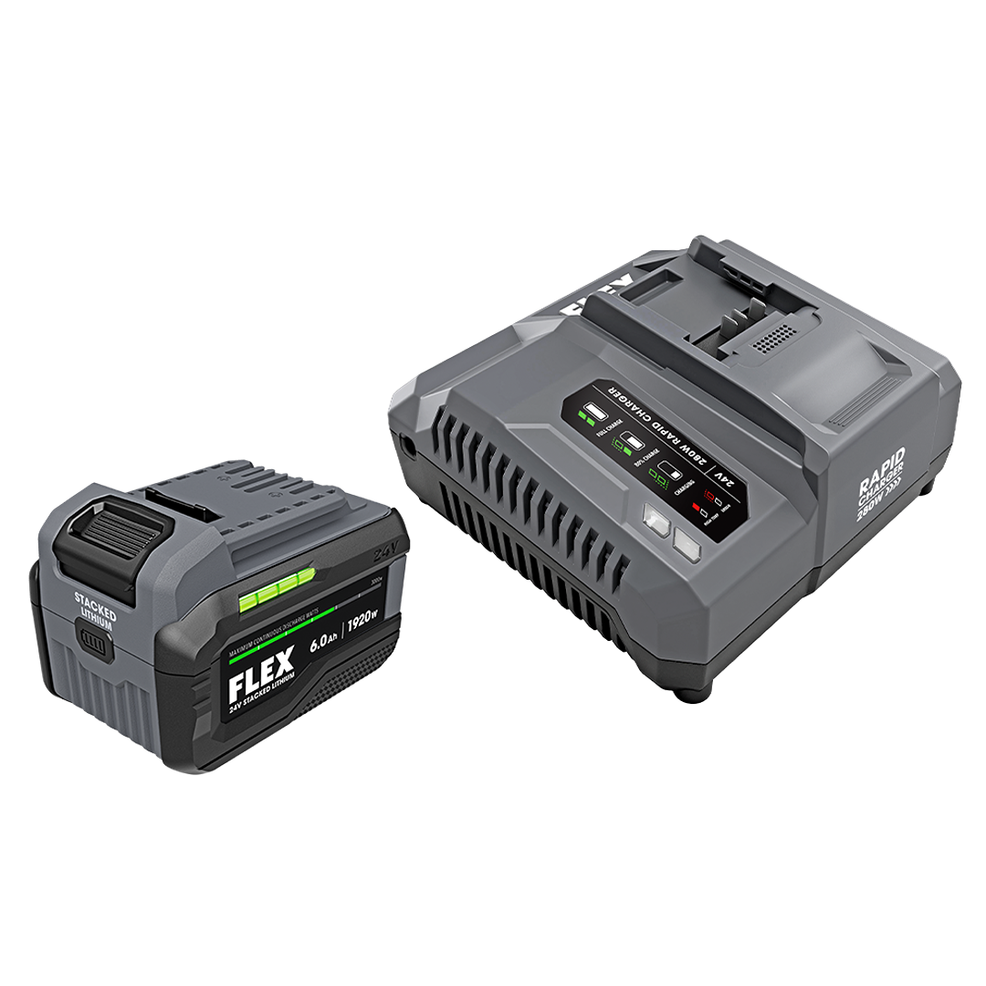 Compact 24V lithium battery and rapid charger set in dark gray designed for tools and home improvement use