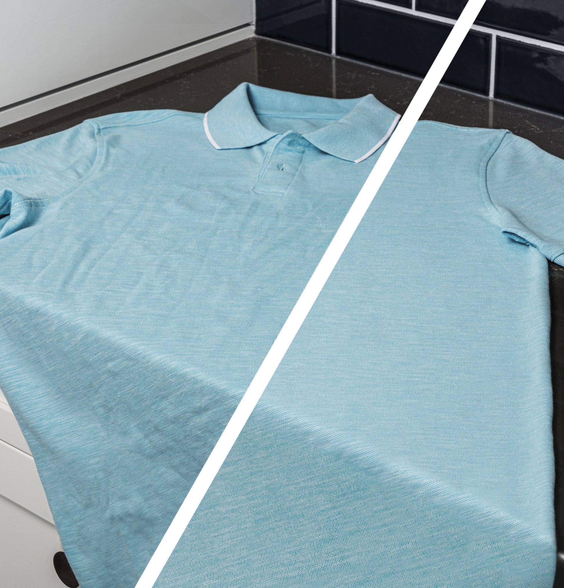 Light blue polo shirt laid flat on a dark countertop, shown with a fabric wrinkle comparison detail.