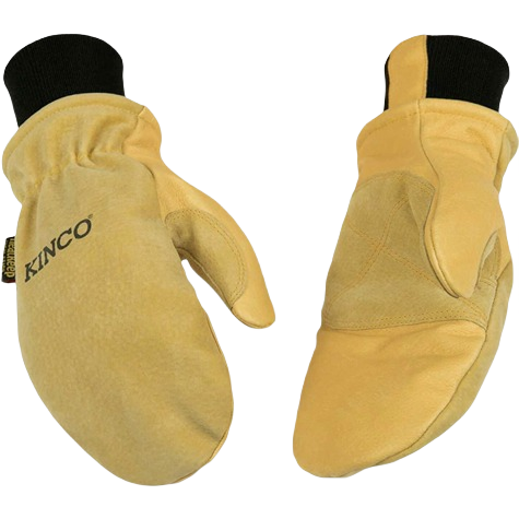 Pair of tan premium suede pigskin work gloves with black knit cuffs, designed for winter safety and home improvement tasks