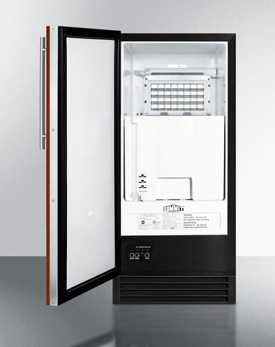Built-in clear icemaker with right-hand door, stainless steel frame, and integrated panel-ready design in kitchen appliances
