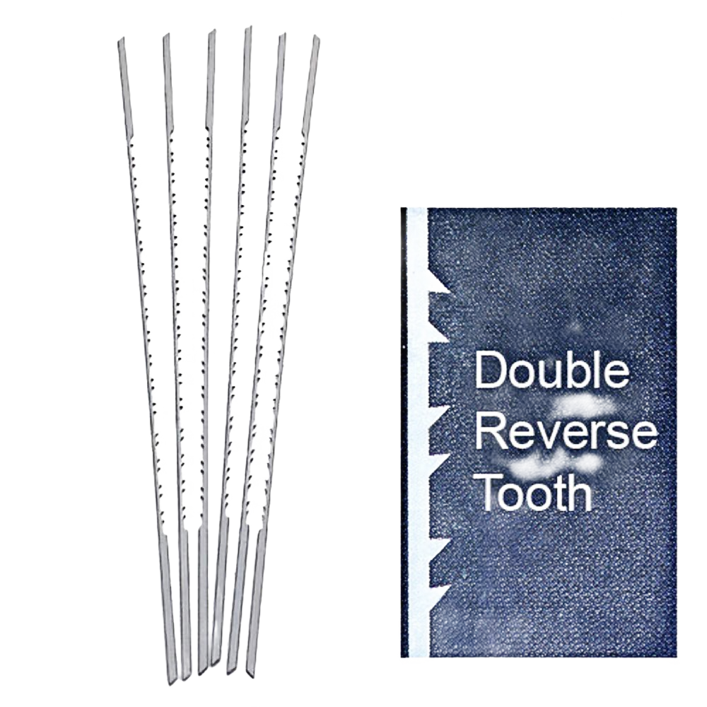 Set of six metal scroll saw blades with double reverse tooth design for precise cutting in tools and home improvement projects
