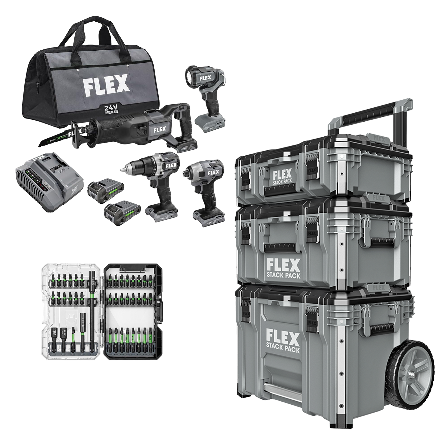 FLEX 24V 4-Tool Combo Kit + 41-Pc. Impact Driver Bit Set & Stack Pack™ 3-Pc. Storage System