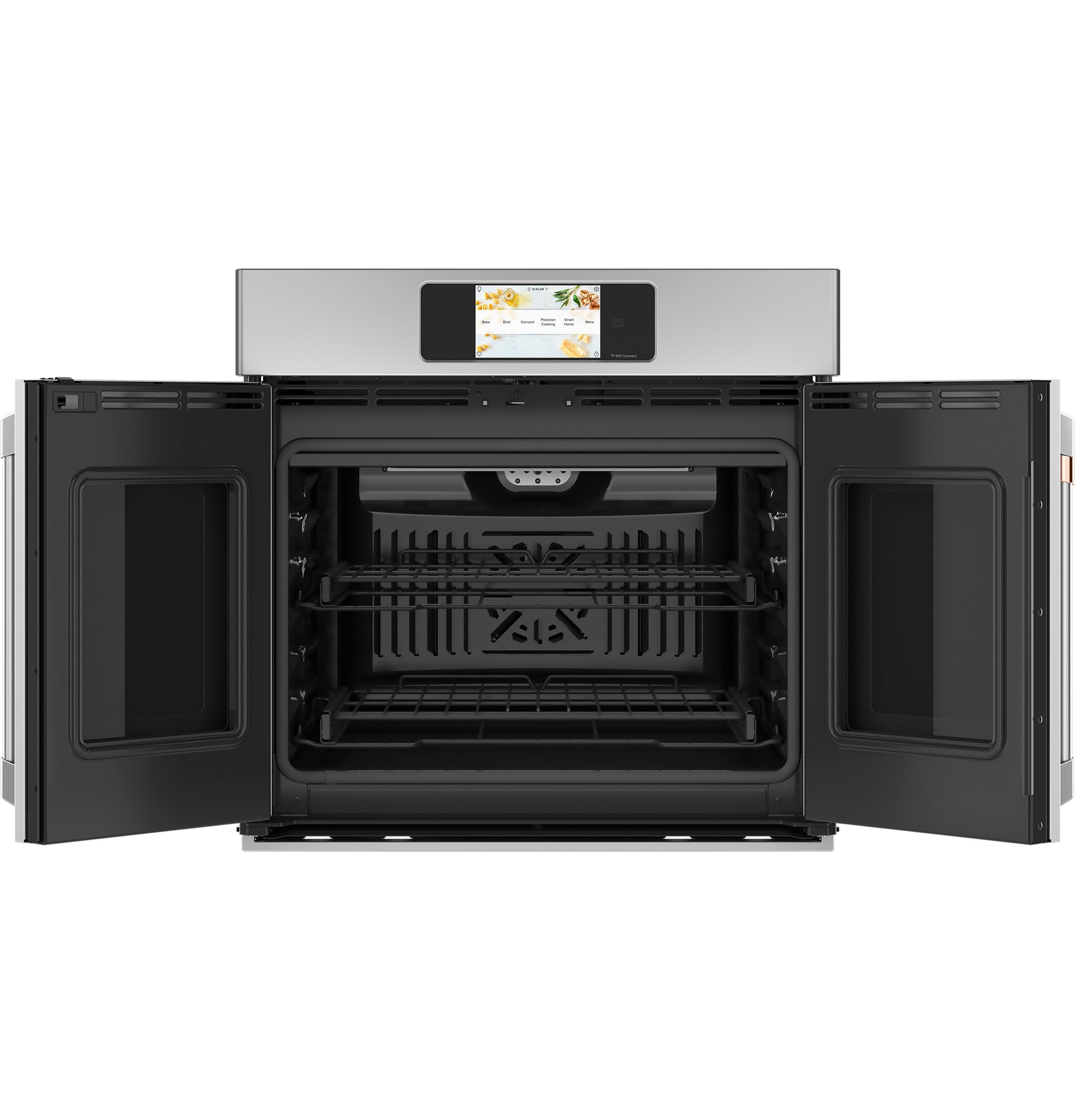 Built-in stainless steel French-door oven with digital touchscreen and spacious interior racks in Wall Ovens collection