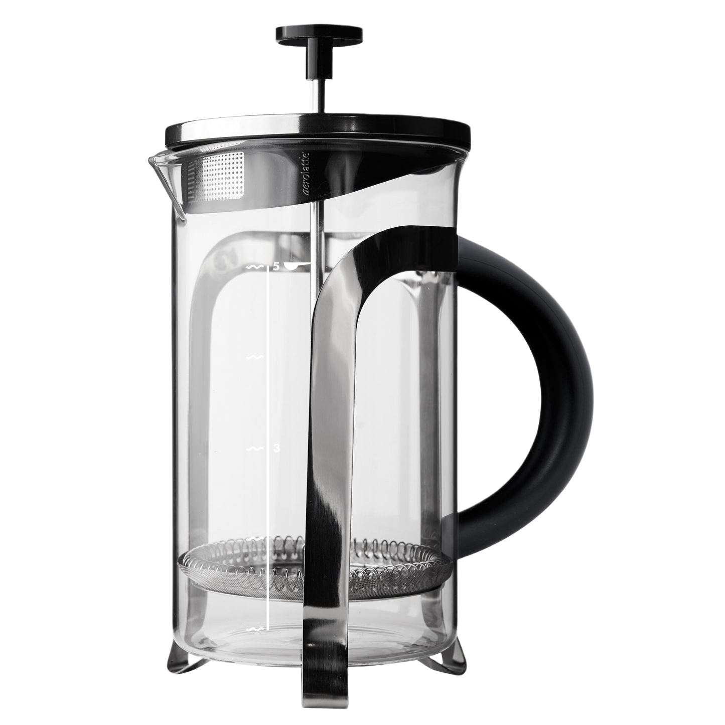 Clear glass French press coffee maker with stainless steel frame and black handle for brewing up to five cups