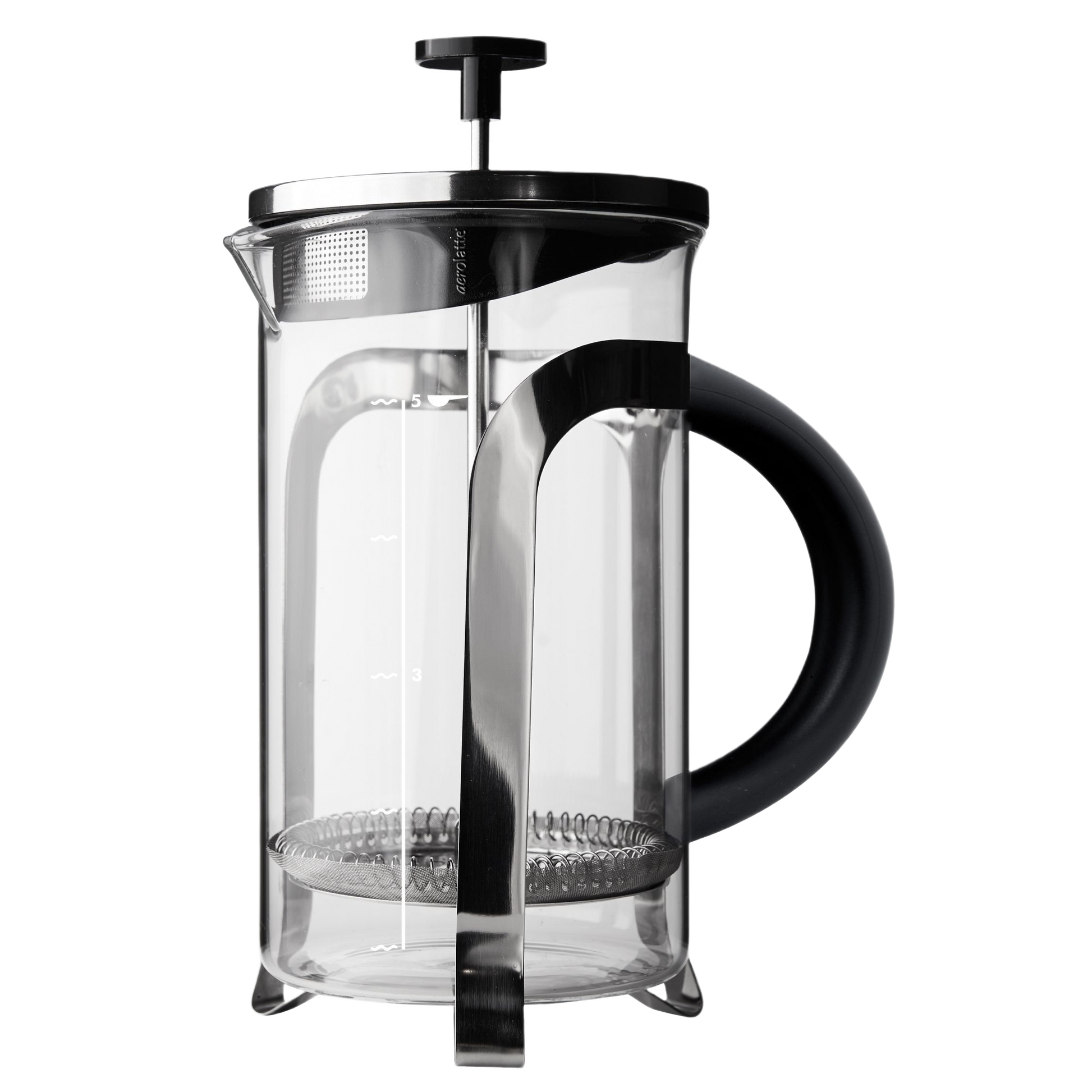 Clear glass French press coffee maker with stainless steel frame and black handle for brewing up to five cups