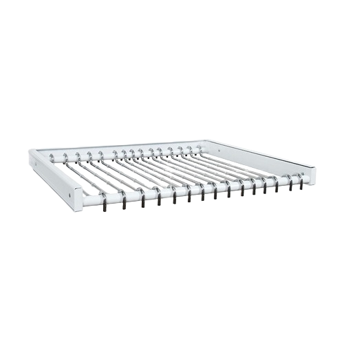White metal pant rack with multiple chrome hanging bars for closet organization and storage accessories