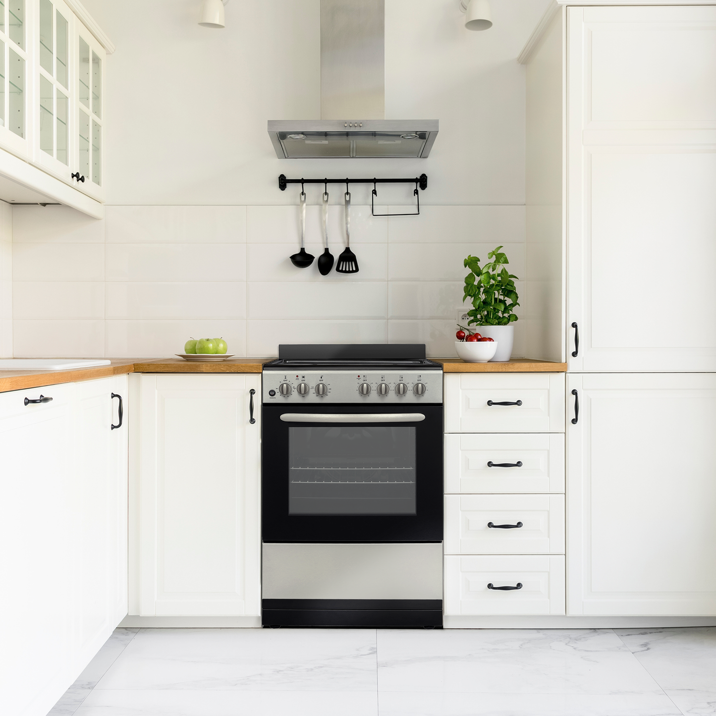 Black and stainless steel compact electric range with six control knobs in modern white kitchen from Ranges & Kitchen & Kitchenware collections
