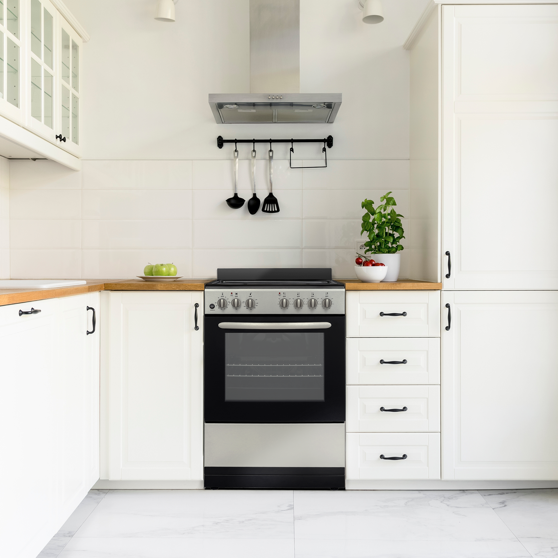 Black and stainless steel compact electric range with six control knobs in modern white kitchen from Ranges & Kitchen & Kitchenware collections