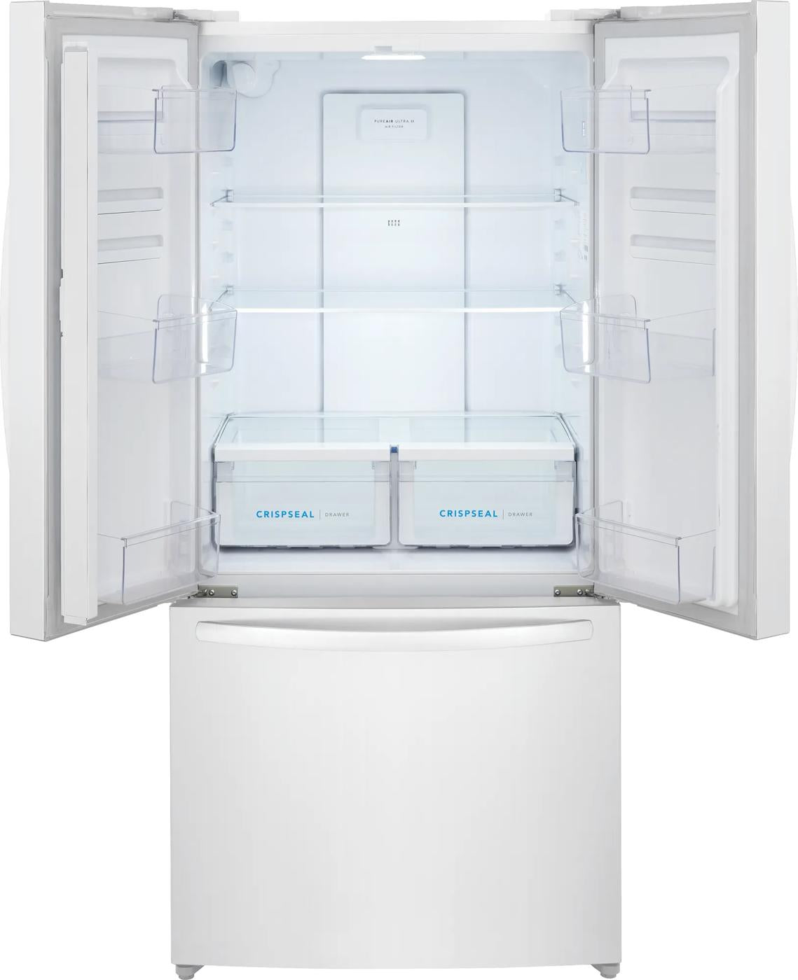 Open white counter-depth French door refrigerator with glass shelves and CrispSeal crisper drawers from kitchen appliances collection