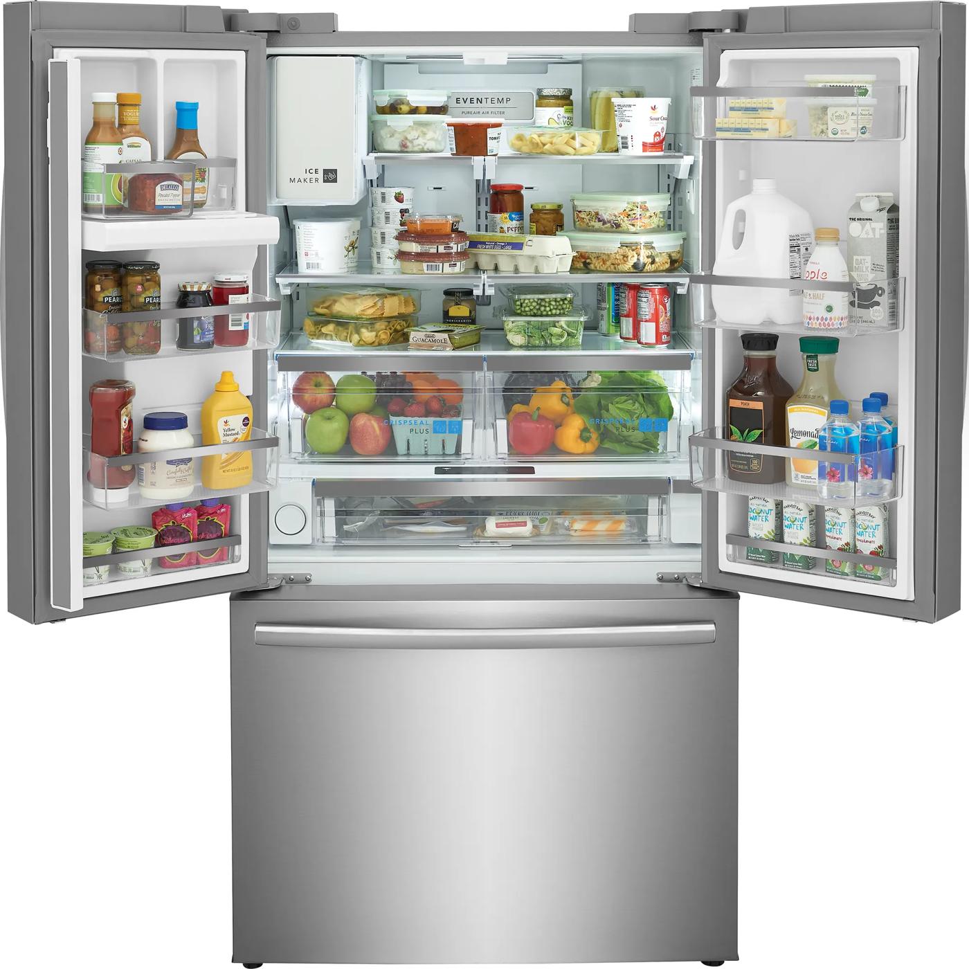 Open counter-depth stainless steel French door refrigerator with organized shelves and clear storage bins in kitchen appliance collection