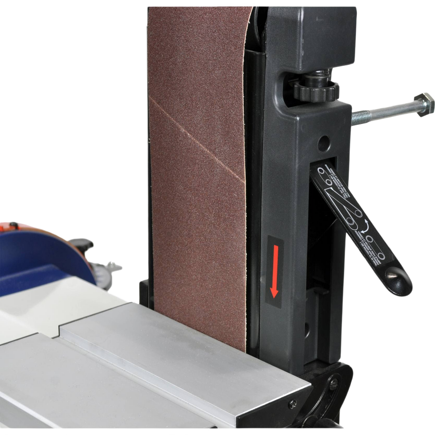 Close-up of sanding belt and adjustable clamp on RIKON power tool for home improvement and electric tools collections