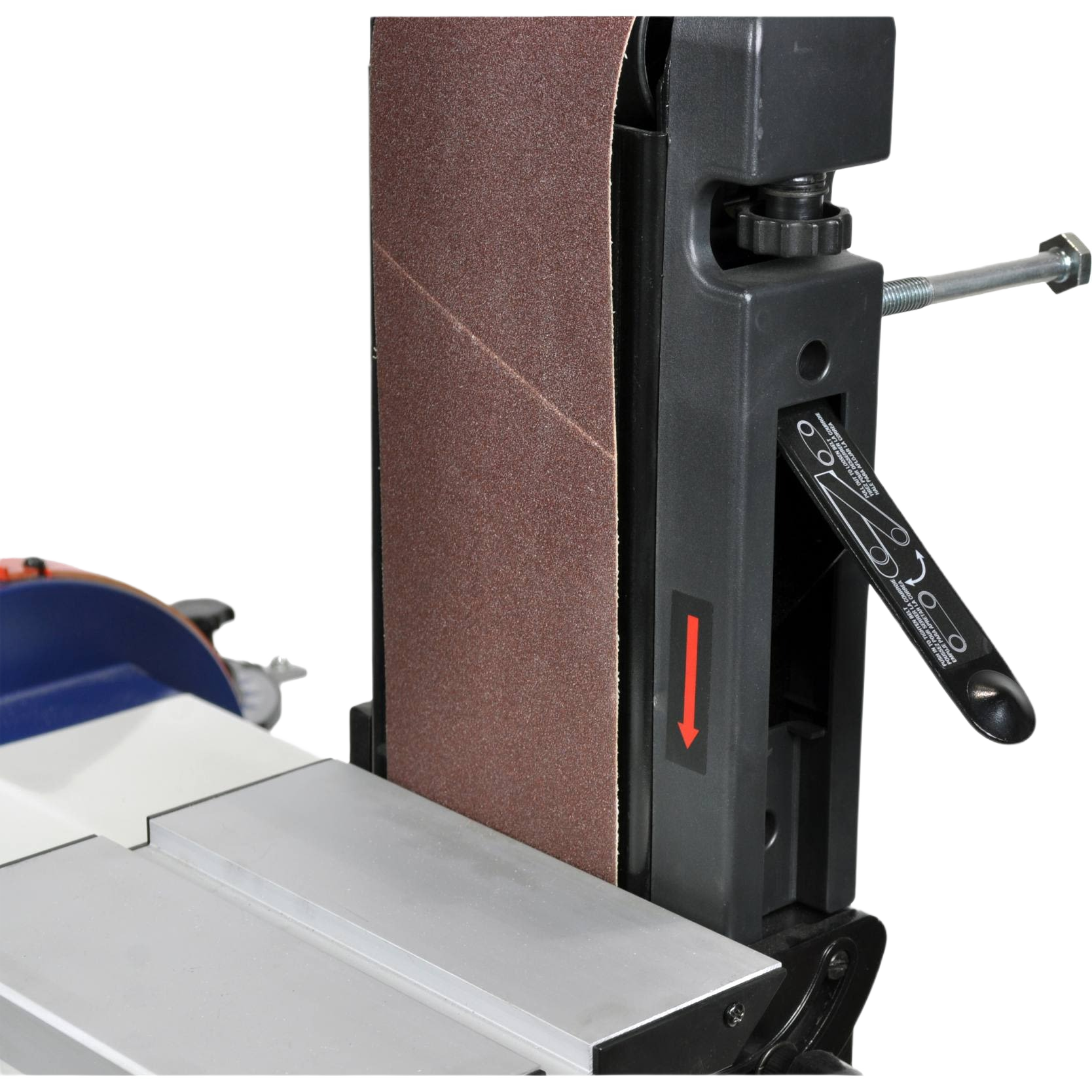 Close-up of sanding belt and adjustable clamp on RIKON power tool for home improvement and electric tools collections