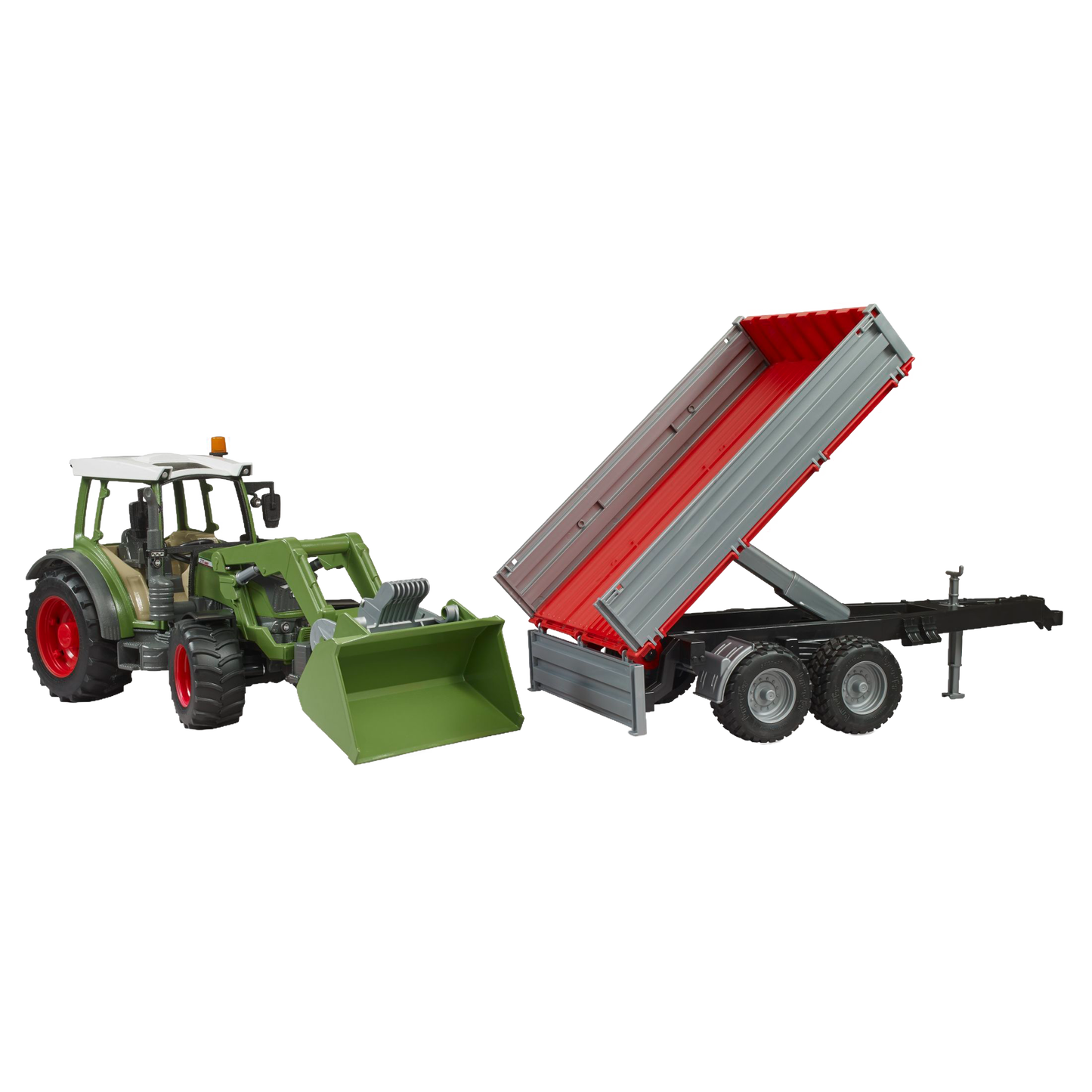 Green toy tractor with front loader and red tipping trailer from Bruder Toys in Vehicles & Remote Controlled Toys collection
