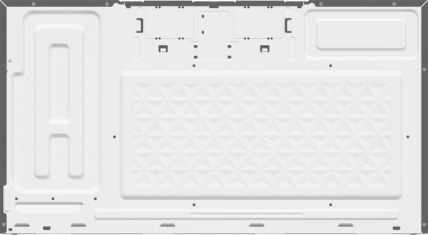 Interior view of over-the-range microwave back panel with geometric pattern for heat dissipation in kitchen appliances collection