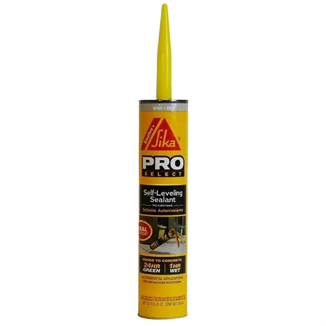 Gray self-leveling sealant tube with yellow nozzle for tools and home improvement applications