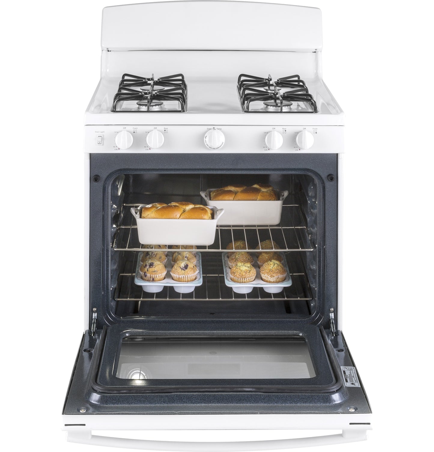 White freestanding gas range with open oven door showing baked goods inside in Ranges and Kitchen & Kitchenware collections