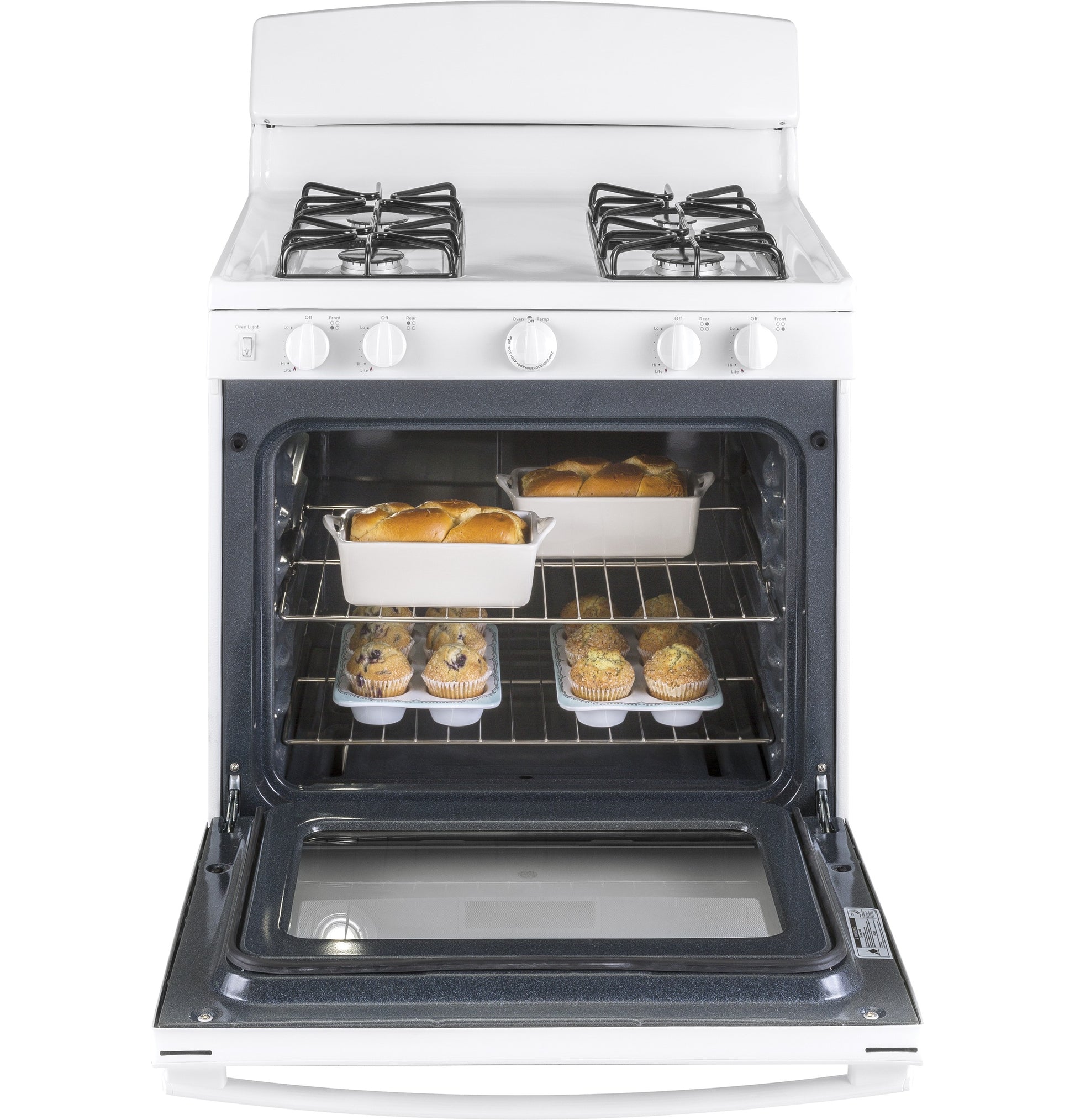 White freestanding gas range with open oven door showing baked goods inside in Ranges and Kitchen & Kitchenware collections