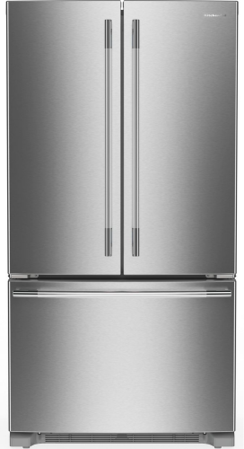Stainless steel French door refrigerator with bottom freezer and sleek vertical handles in KitchenAid appliances collection