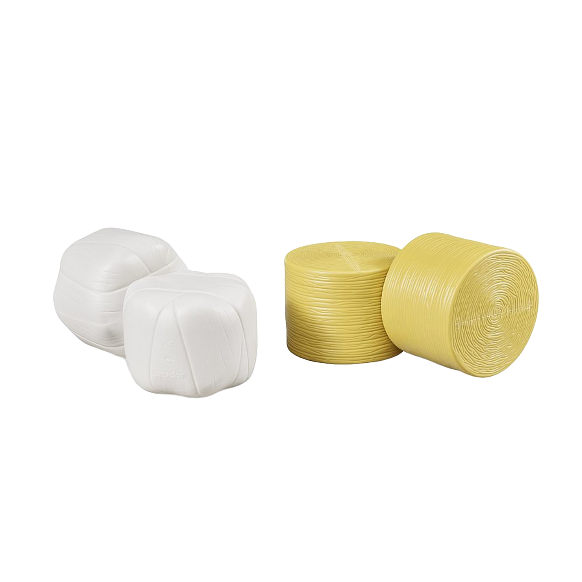 Set of four toy round bales, two wrapped in white and two unwrapped yellow, for toys and games collection under $50