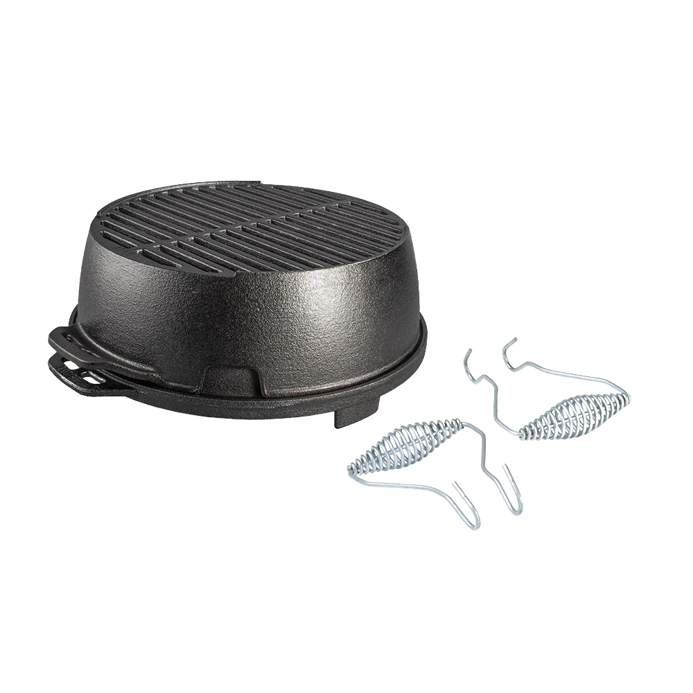 Round cast iron grill pan with ribbed cooking surface and detachable metal handle clips from Kitchen Gadgets collection