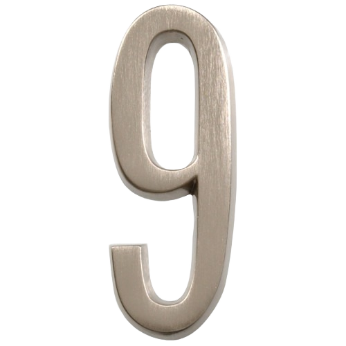 Brushed nickel adhesive house number 9 with smooth edges for home improvement and address display projects