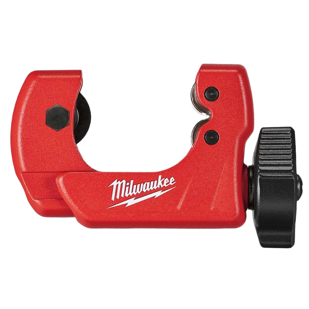 Compact red mini tubing cutter with black adjustment knob for precise 1-inch copper pipe cutting in home improvement tasks
