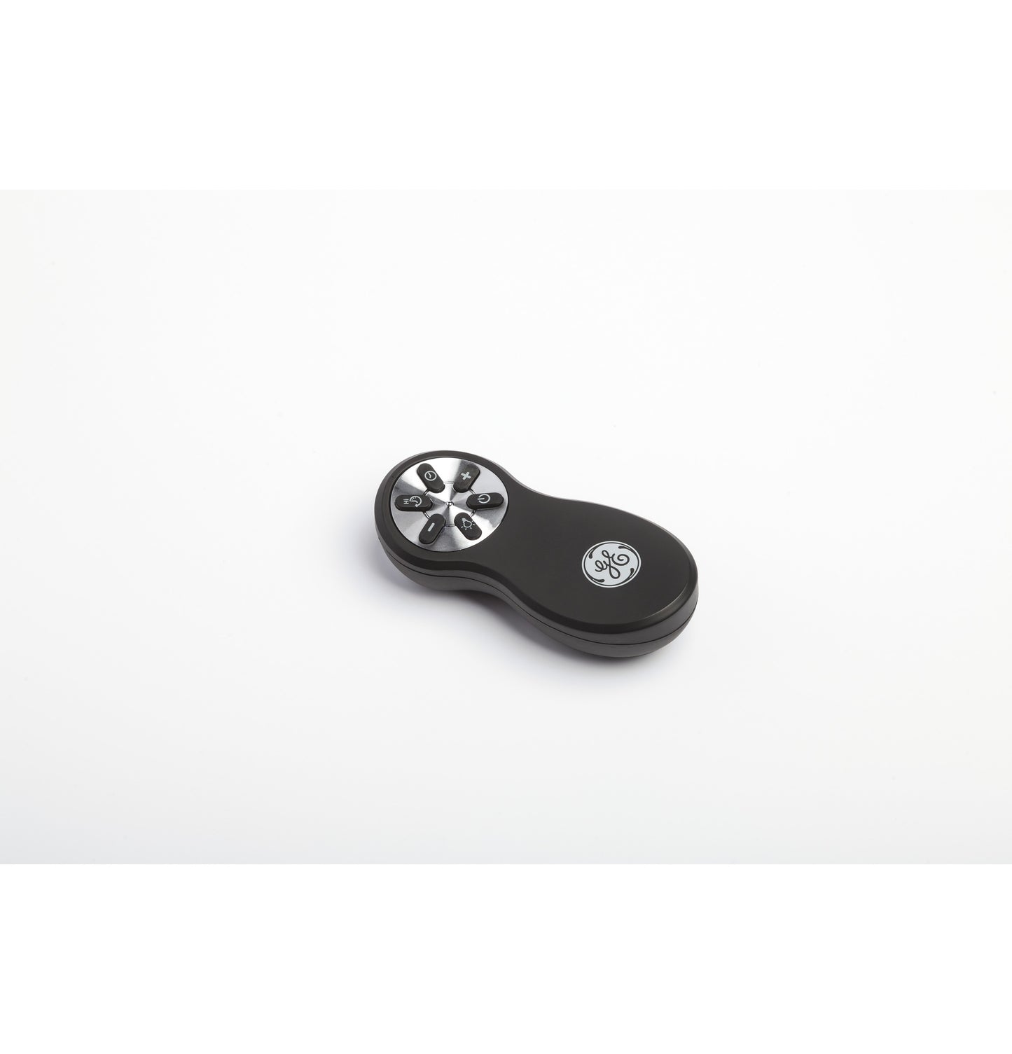 Compact black remote control with silver buttons and GE logo for wall mounted range hoods and kitchen appliances
