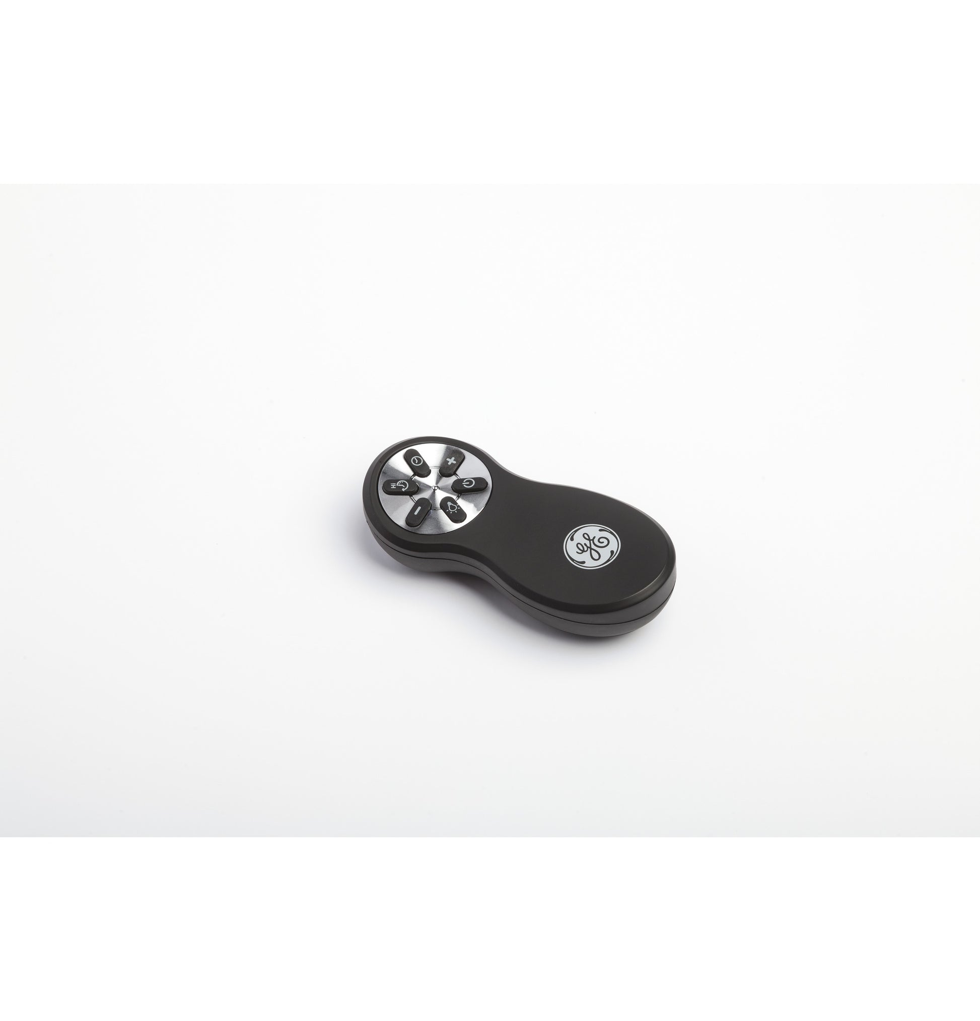 Compact black remote control with silver buttons and GE logo for wall mounted range hoods and kitchen appliances