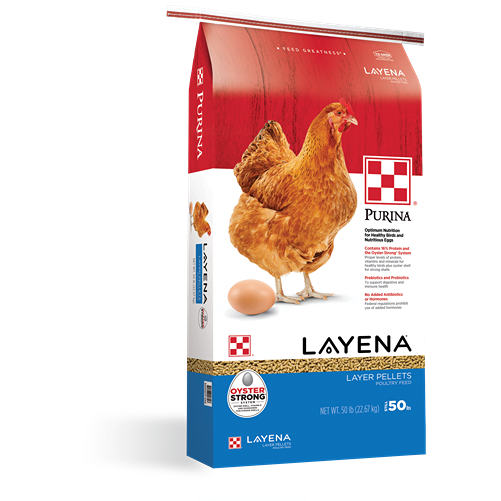 Bag of Purina Layena pellets poultry feed with brown hen and egg illustration on red and blue packaging