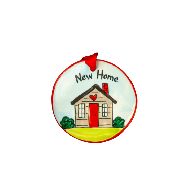 Hand-painted round ceramic ornament with a home illustration and "New Home" text for Christmas decorations under $50 collection