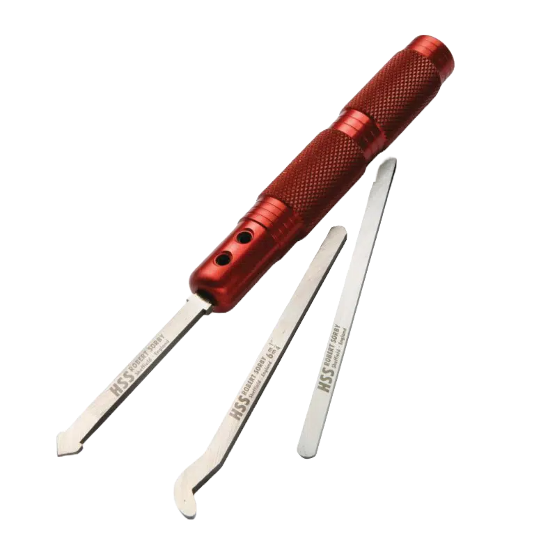 Red anodized micro hollowing turning tool handle with three interchangeable metal blades for detailed woodworking tasks