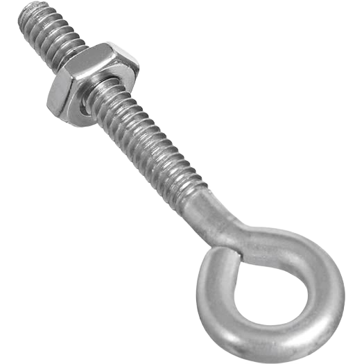 Stainless steel eye bolt with hex nut, threaded for easy fastening in hardware and building materials applications