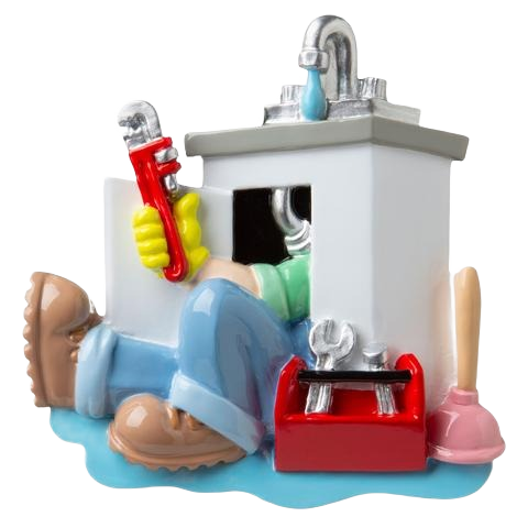 Figurine ornament of plumber with blue jeans holding red wrench fixing leaking sink for Christmas décor under $50 collection
