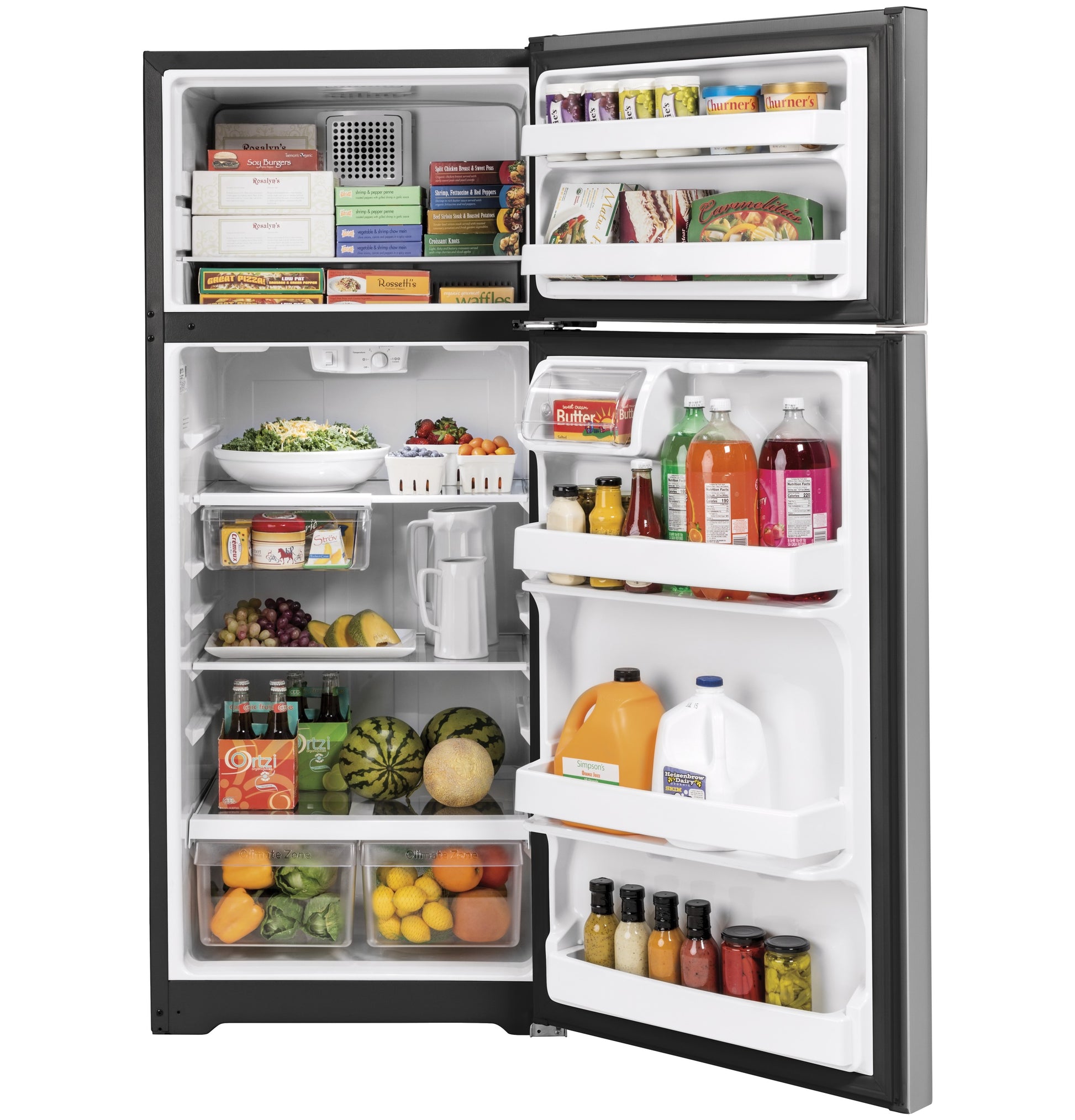 Black top-freezer refrigerator from kitchen appliances collection with organized fresh food and beverages inside compartments