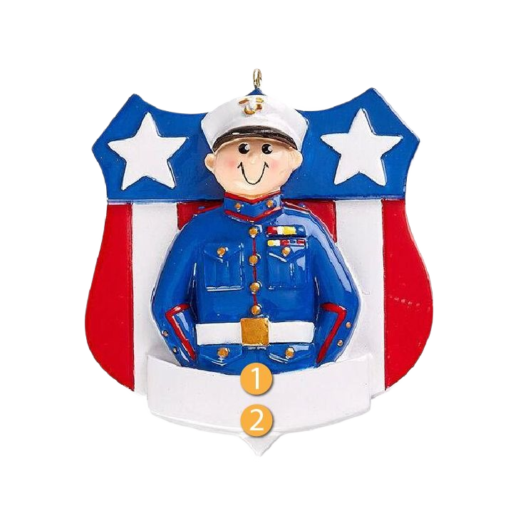 Smiling male marine figurine ornament in blue uniform with white hat on red, white, and blue star-spangled shield background