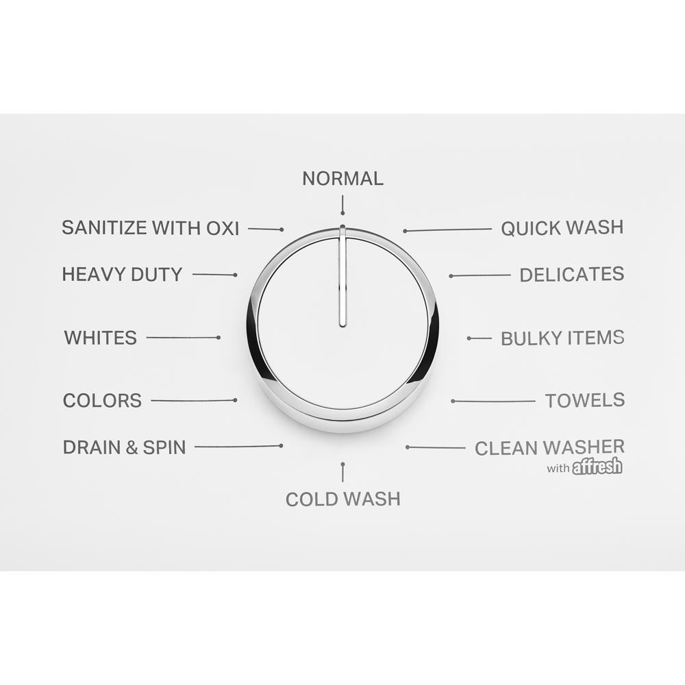 Close-up of a white washer control dial showing multiple wash cycle options on a top load washer for home appliances.