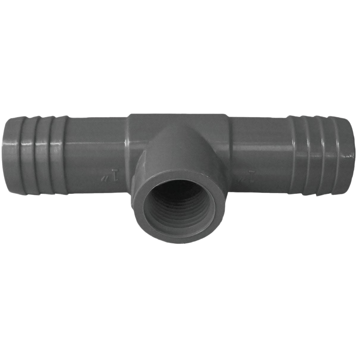 Gray polypropylene plumbing tee with female threaded center and insert ends for polyethylene pipes under $50 collections