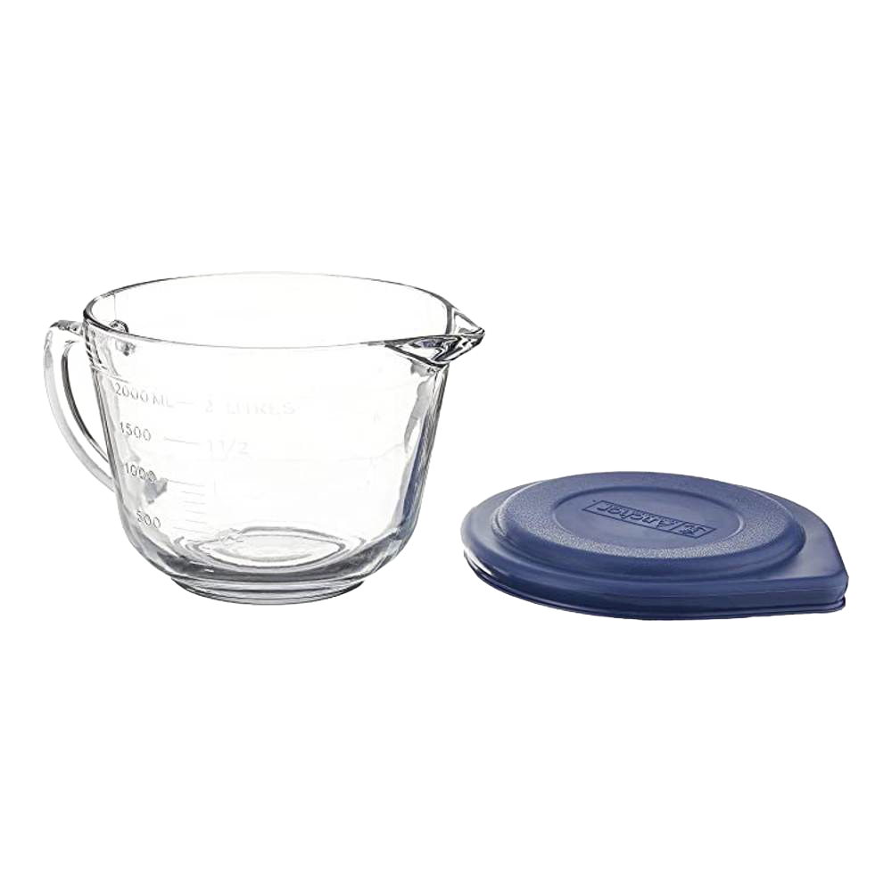 Clear glass mixing bowl with measurement markings and separate blue plastic lid for kitchenware under $50 collection