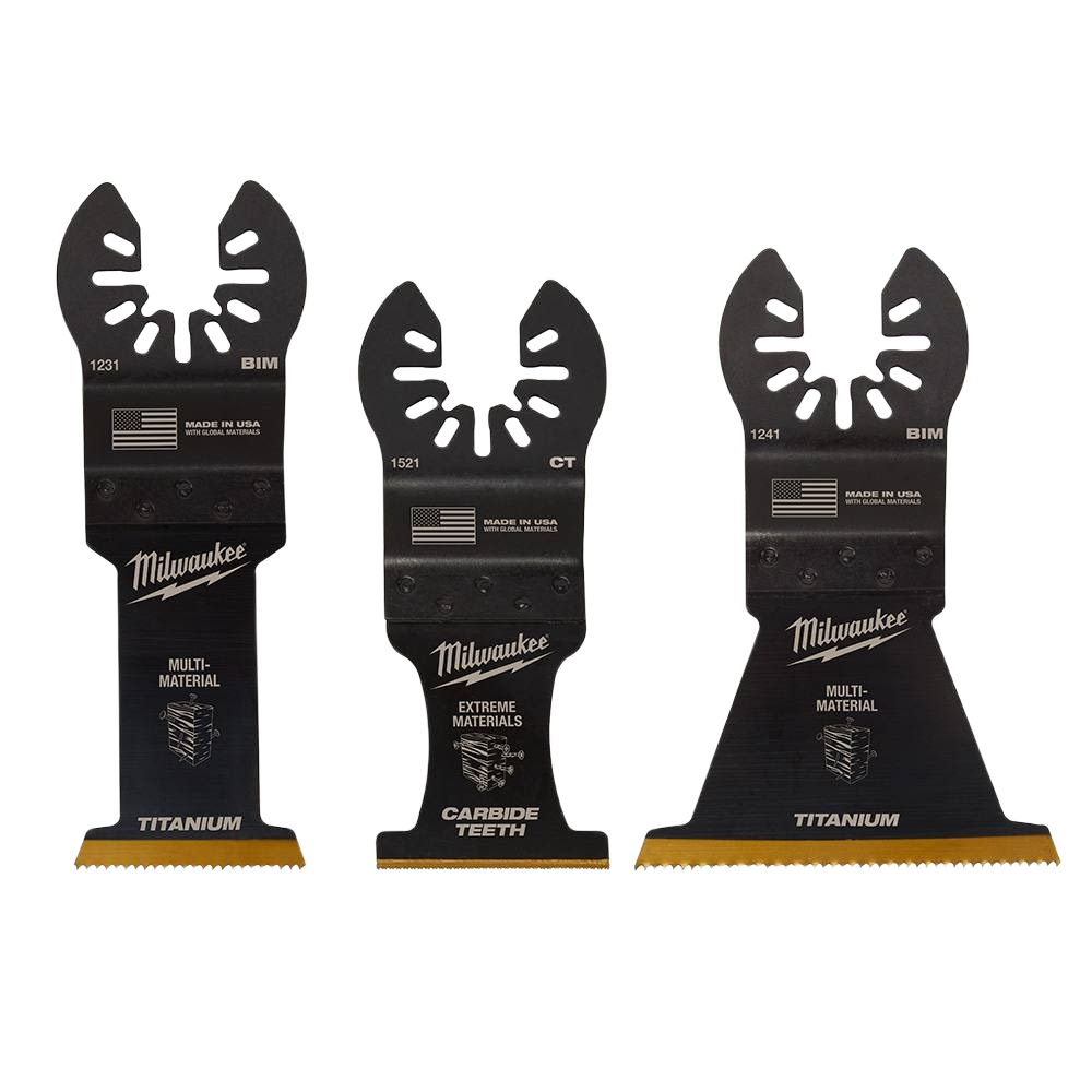 Set of three Milwaukee multi-material cutting blades with titanium and carbide teeth for woodworking and power tool accessories under $50